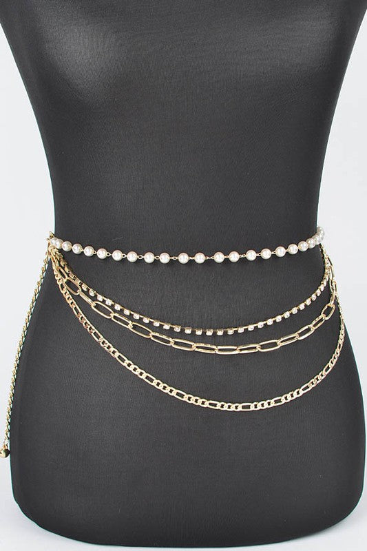 PLUS SIZE RHINESTONE PEARL STATION CHAIN BELT