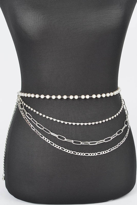 PLUS SIZE RHINESTONE PEARL STATION CHAIN BELT