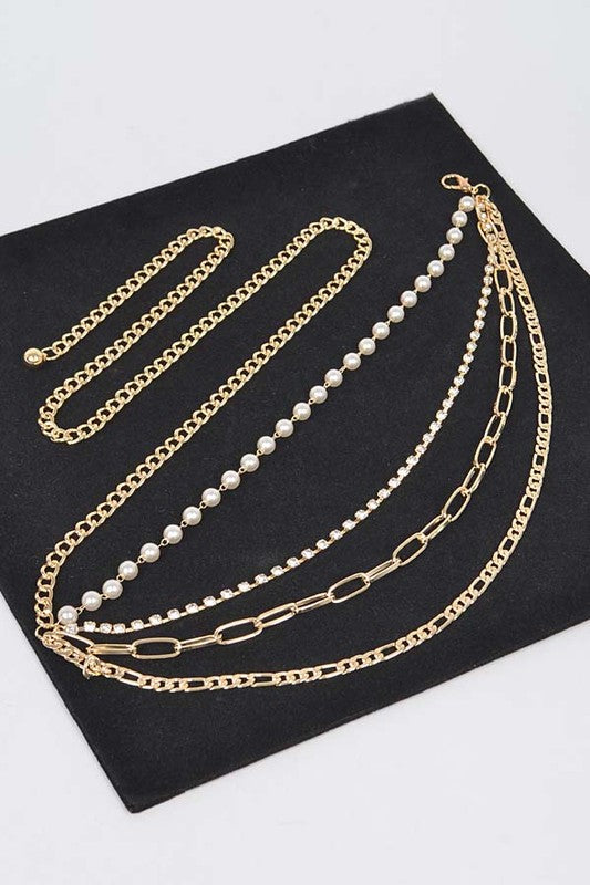PLUS SIZE RHINESTONE PEARL STATION CHAIN BELT