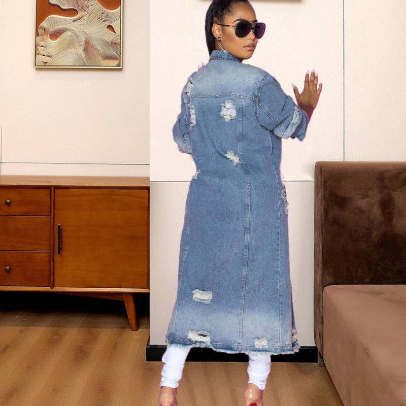 Women'S Fashion Ripped Long Sleeve Denim Jacket