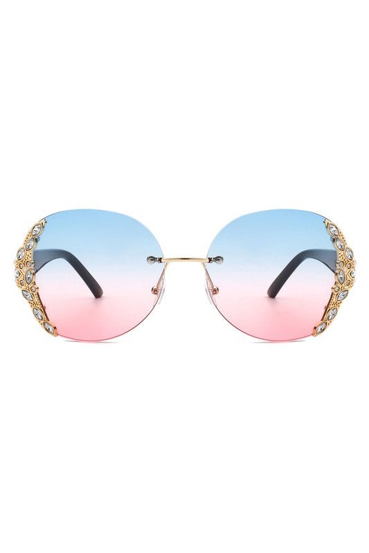 Women Rimless Round Rhinestone Oversize Sunglasses