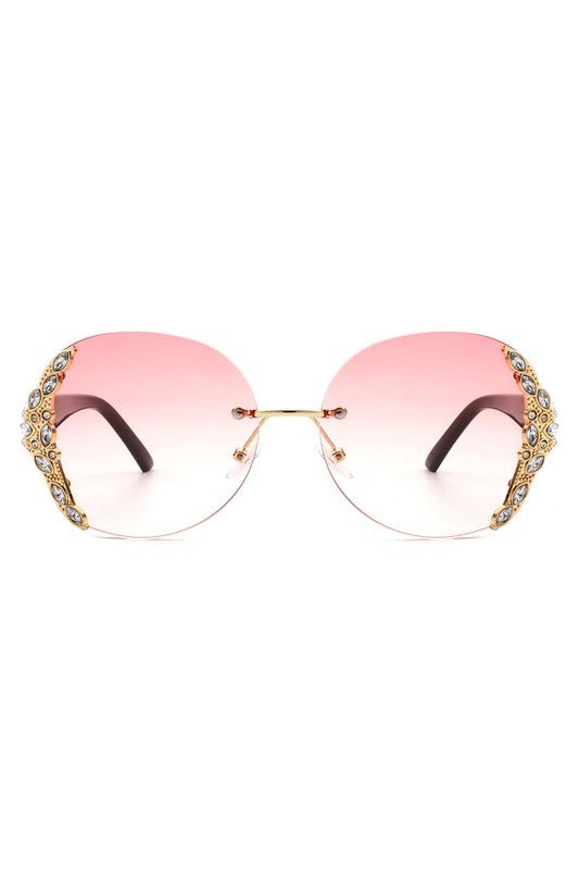 Women Rimless Round Rhinestone Oversize Sunglasses
