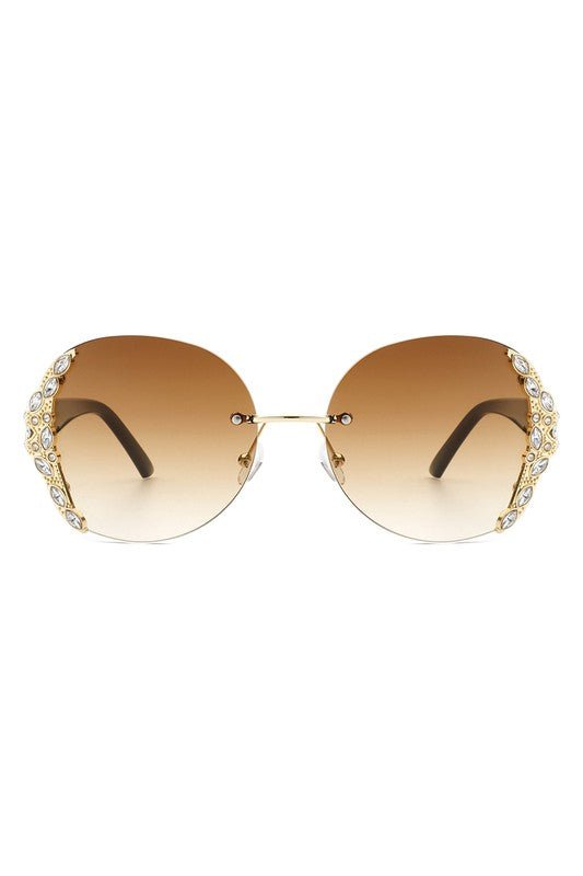 Women Rimless Round Rhinestone Oversize Sunglasses