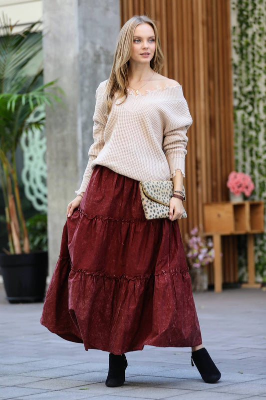 `.Plus size Vintage washed tiered skirt