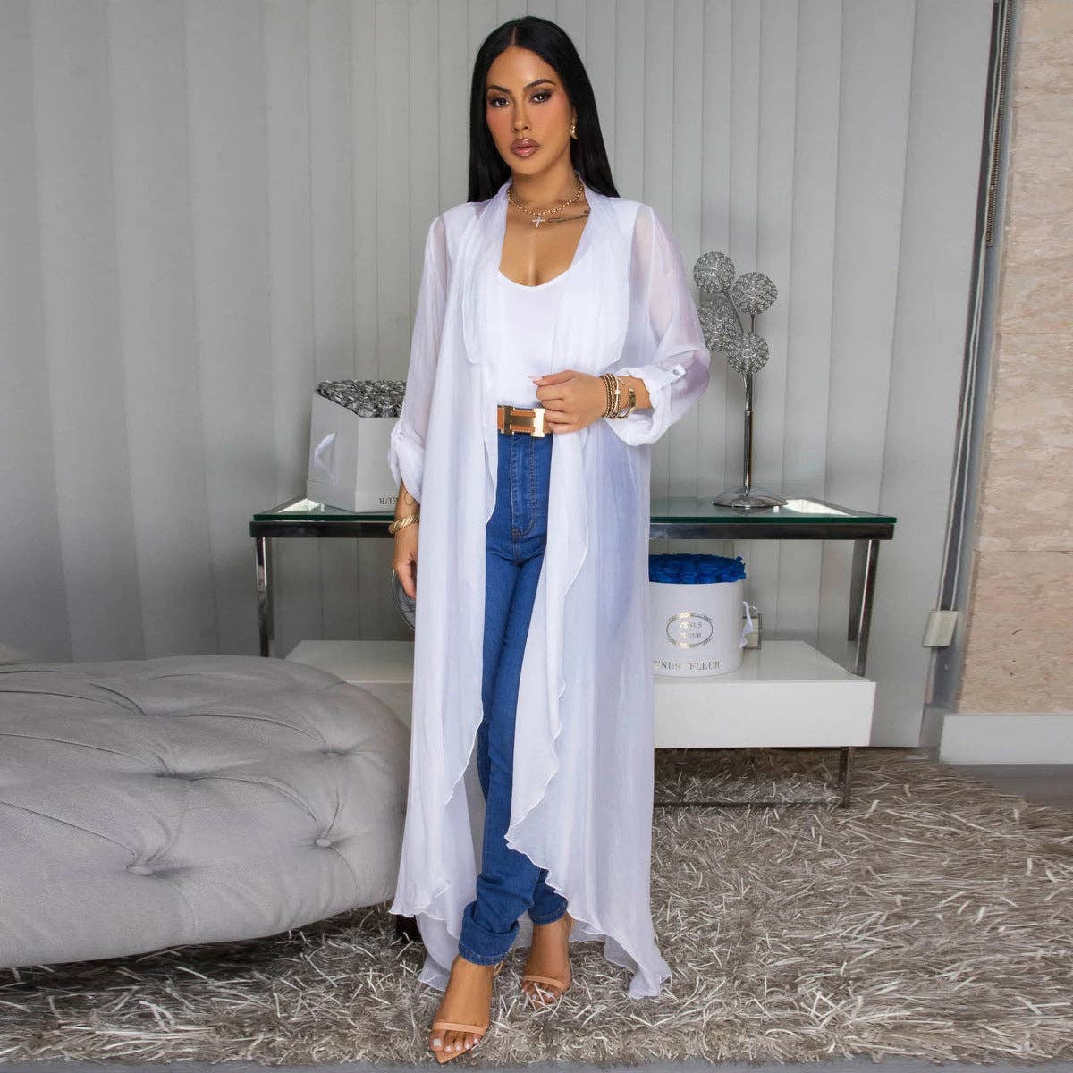 Women Fashion Casual Solid Color Chiffon Long Sleeve Coat