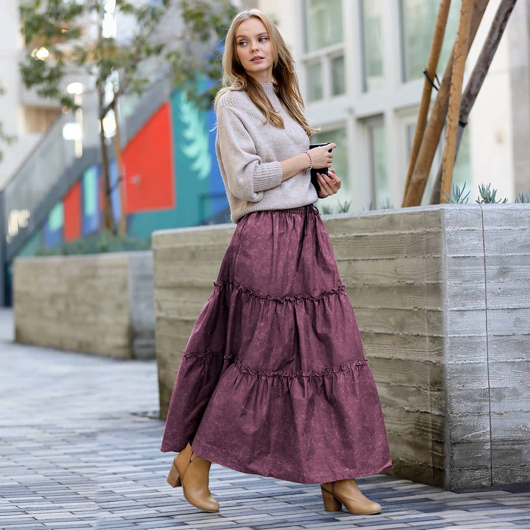 `.Plus size Vintage washed tiered skirt