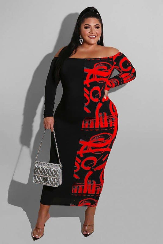 Patchwork Multicolor Plus Size Note Print Dress