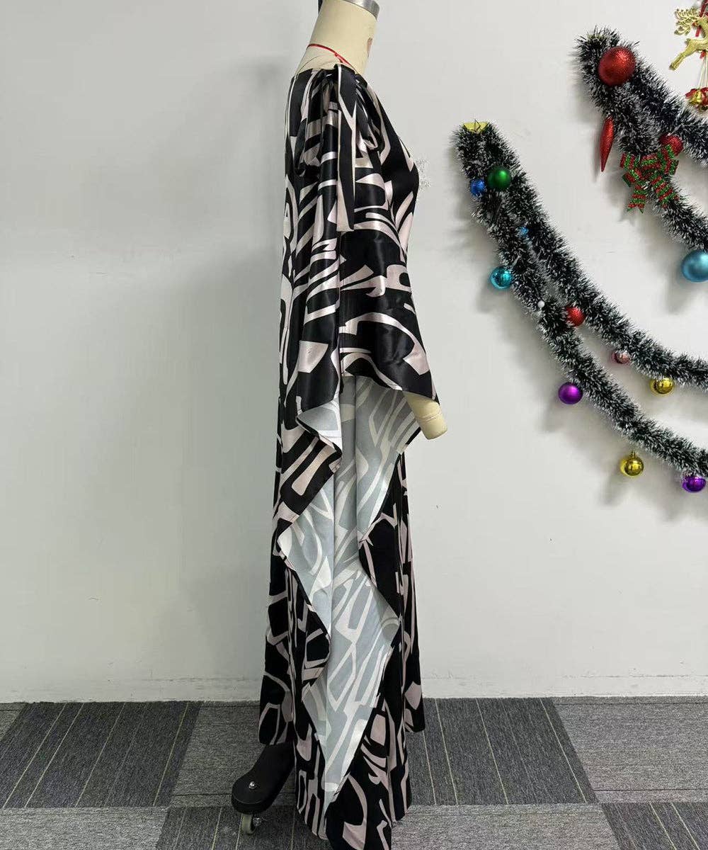 Printed Lace-Up Shift Dress with Sloping Neck and Skirt
