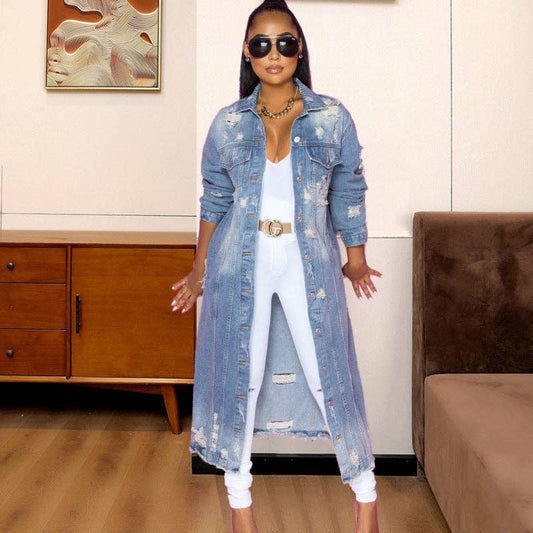 Women'S Fashion Ripped Long Sleeve Denim Jacket