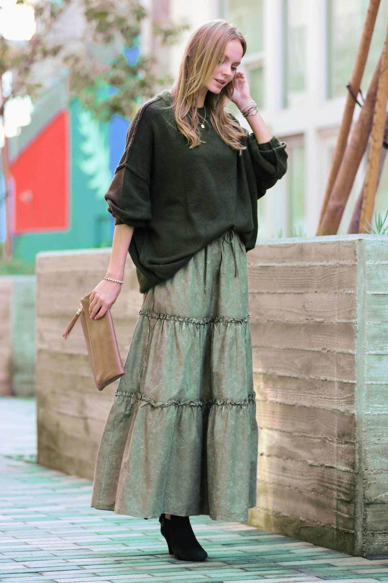`.Plus size Vintage washed tiered skirt