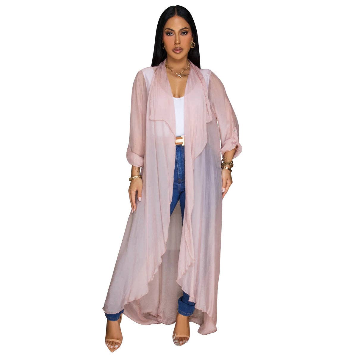 Women Fashion Casual Solid Color Chiffon Long Sleeve Coat