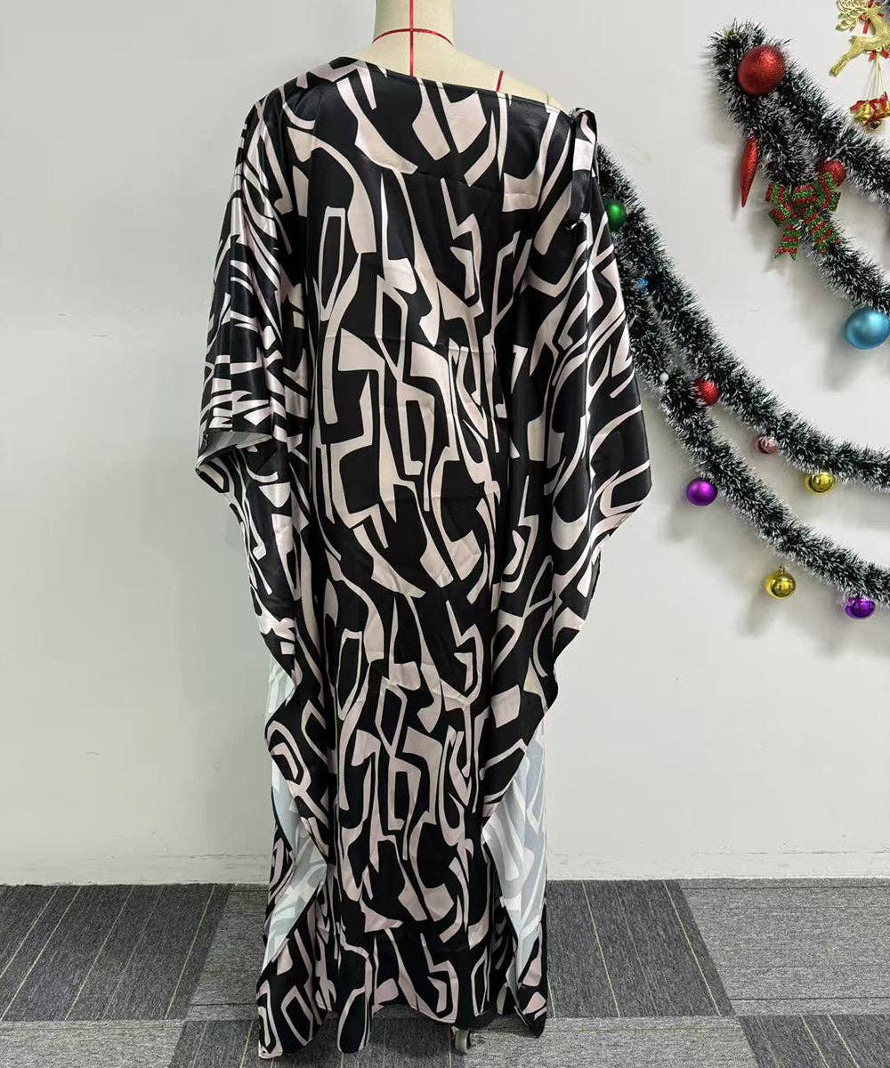 Printed Lace-Up Shift Dress with Sloping Neck and Skirt