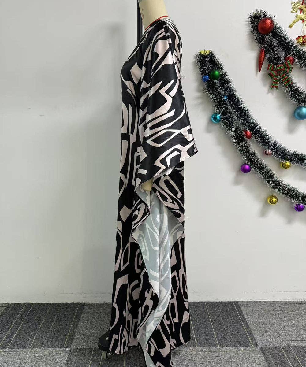 Printed Lace-Up Shift Dress with Sloping Neck and Skirt