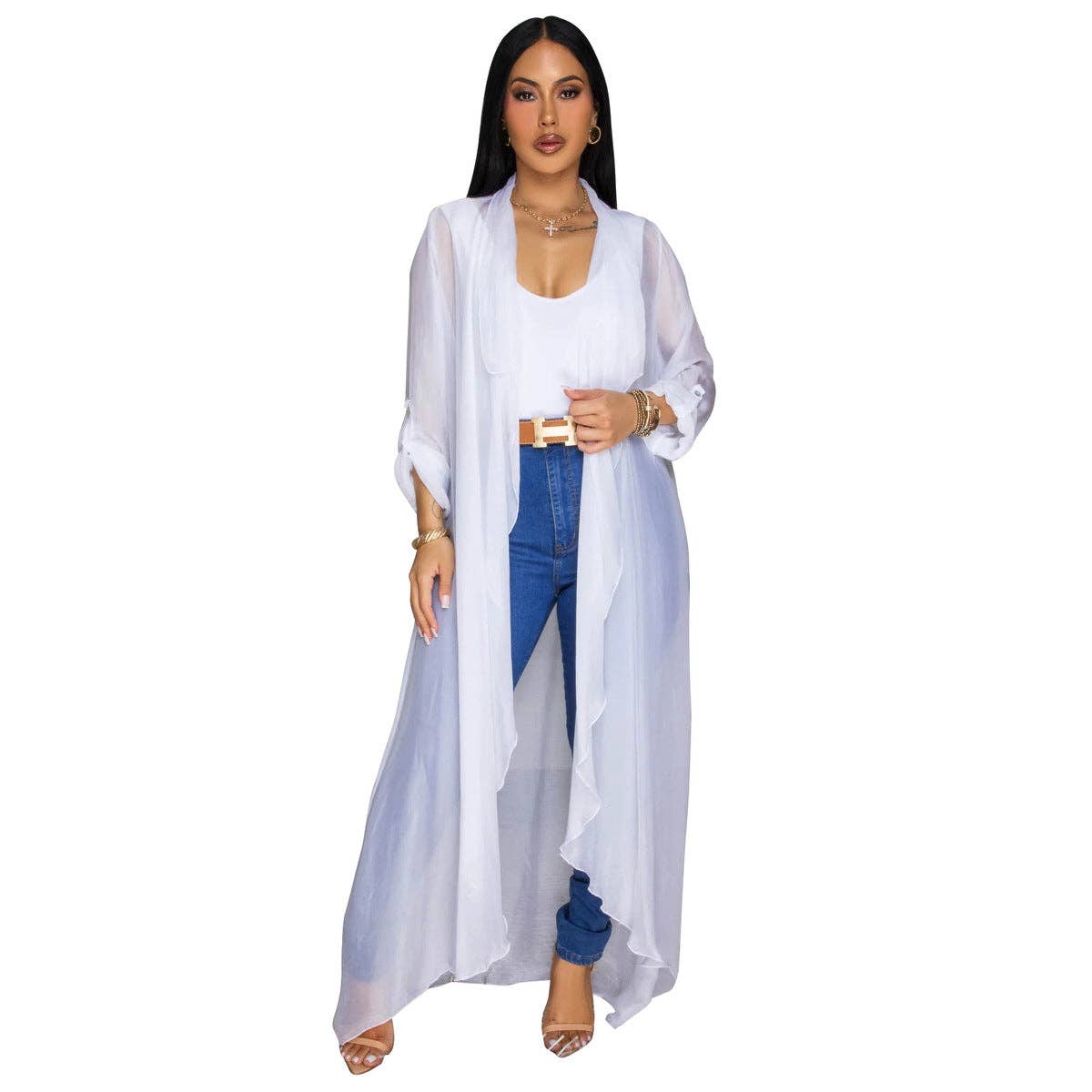 Women Fashion Casual Solid Color Chiffon Long Sleeve Coat