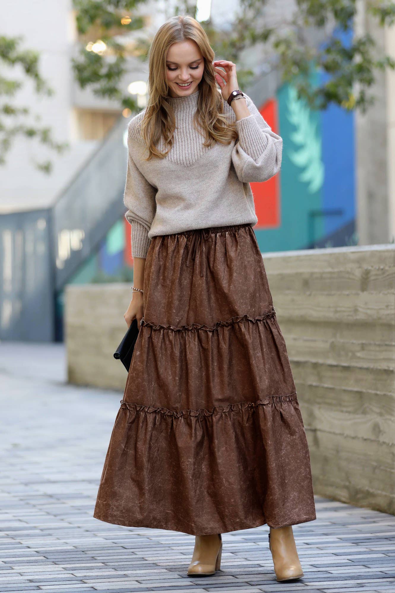 `.Plus size Vintage washed tiered skirt