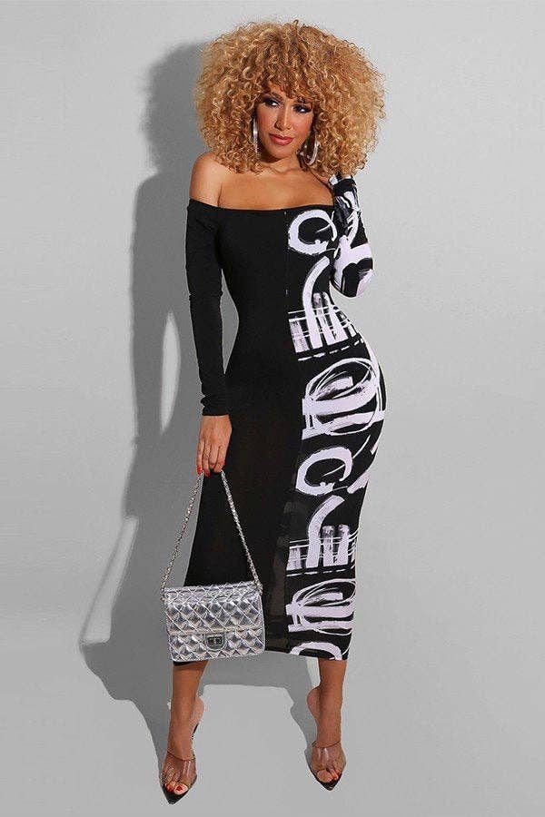 Patchwork Multicolor Plus Size Note Print Dress