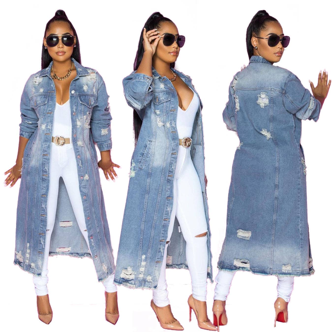 Women'S Fashion Ripped Long Sleeve Denim Jacket