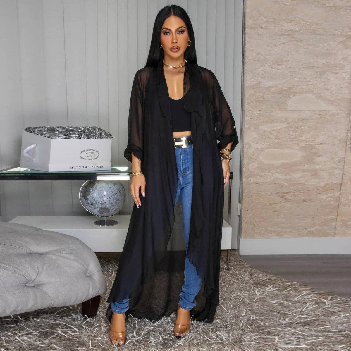 Women Fashion Casual Solid Color Chiffon Long Sleeve Coat