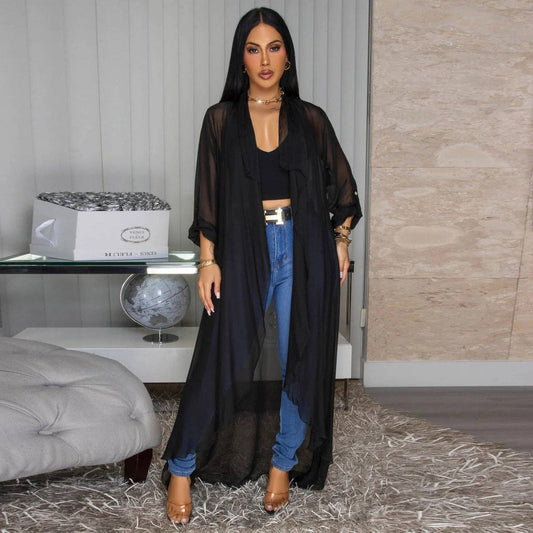 Women Fashion Casual Solid Color Chiffon Long Sleeve Coat