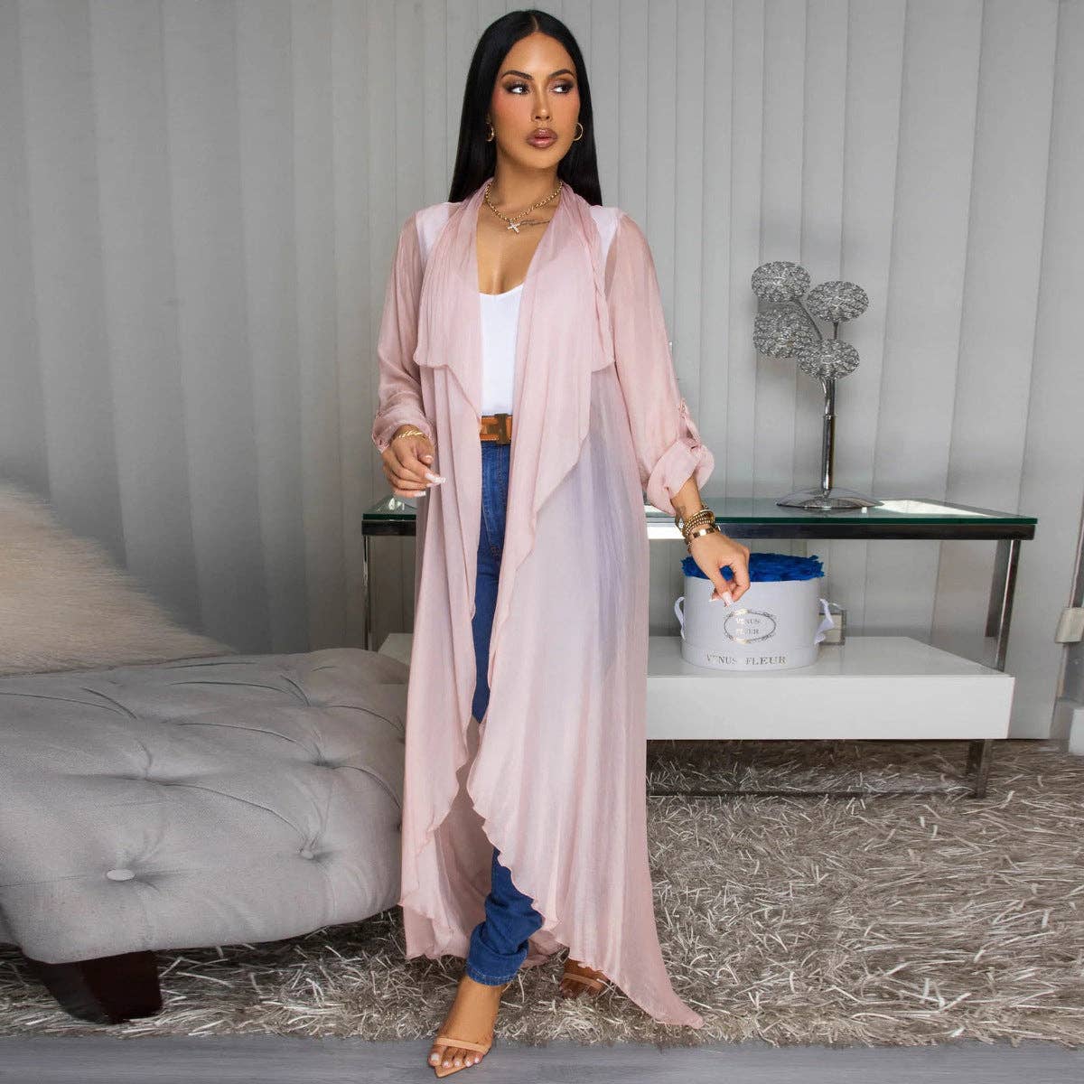 Women Fashion Casual Solid Color Chiffon Long Sleeve Coat