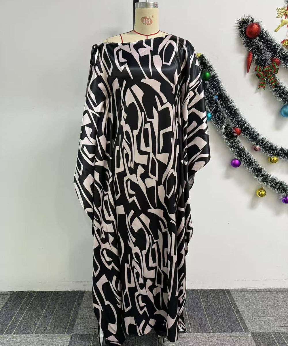 Printed Lace-Up Shift Dress with Sloping Neck and Skirt